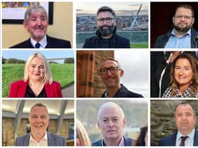 In alphabetical order, the nine candidates standing in the Ballyarnett ward. Top row left to right: Colm Cavanagh (Alliance), Damien Doherty (People Before Profit), Emmet Doyle (Aontú). Middle row left to right: Sandra Duffy (Sinn Féin), Rory Farrell (SDLP), Cartherine McDaid (SDLP). Bottom row: John McGowan (Sinn Féin), Patrick Murphy (Sinn Féin) and Brian Tierney (SDLP).