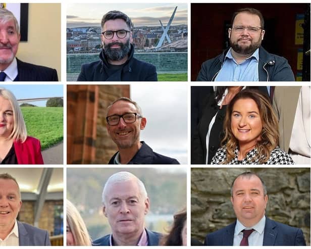 In alphabetical order, the nine candidates standing in the Ballyarnett ward. Top row left to right: Colm Cavanagh (Alliance), Damien Doherty (People Before Profit), Emmet Doyle (Aontú). Middle row left to right: Sandra Duffy (Sinn Féin), Rory Farrell (SDLP), Cartherine McDaid (SDLP). Bottom row: John McGowan (Sinn Féin), Patrick Murphy (Sinn Féin) and Brian Tierney (SDLP).