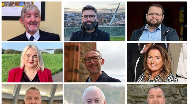 In alphabetical order, the nine candidates standing in the Ballyarnett ward. Top row left to right: Colm Cavanagh (Alliance), Damien Doherty (People Before Profit), Emmet Doyle (Aontú). Middle row left to right: Sandra Duffy (Sinn Féin), Rory Farrell (SDLP), Cartherine McDaid (SDLP). Bottom row: John McGowan (Sinn Féin), Patrick Murphy (Sinn Féin) and Brian Tierney (SDLP).
