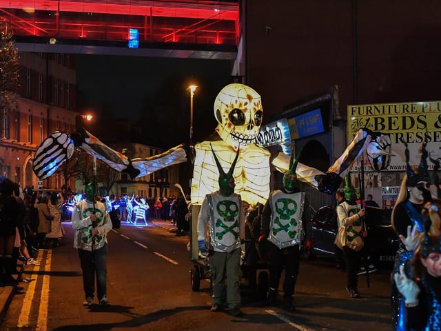 The ‘Carnival of the Dead’ Halloween parade makes its way along Strand Road. Photo: George Sweeney
