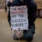 A sign at the Black Lives Matter / Justice for George Floyd rally held in Guildhall Square in Derry in 2020. DER2320GS – 034