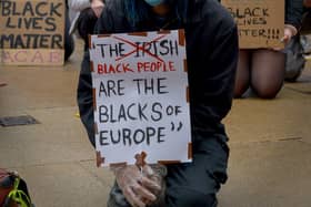 A sign at the Black Lives Matter / Justice for George Floyd rally held in Guildhall Square in Derry in 2020. DER2320GS – 034