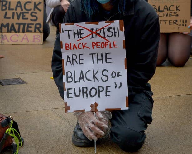 A sign at the Black Lives Matter / Justice for George Floyd rally held in Guildhall Square in Derry in 2020. DER2320GS – 034