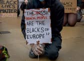 A sign at the Black Lives Matter / Justice for George Floyd rally held in Guildhall Square in Derry in 2020. DER2320GS – 034