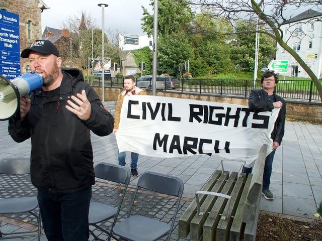 Davy McAuley addressing the crowd at NW Transport Hub.
