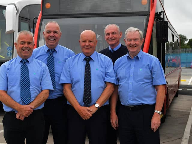 Pictured at Pennyburn Depot are Translink retirees who accumulated 183 years of service. From left are Vinnie Morrison (45 years), Andy McGillan (35 years), George Curry (50 years), Trever Tracey (17 years) and Jim Kelly (36 years). Photo: George Sweeney. DER2326GS - 63