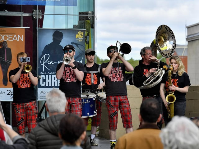 The New York Brass Band playing at the Millennium Forum Steps during the City of Derry Jazz Festival. Photo: George Sweeney