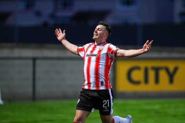 Derry City striker Danny Mullen celebrates his second goal against St Patrick's Athletic at Brandywell. Photo by Kevin Moore