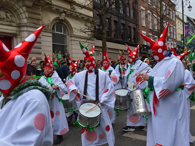 The Derry St Patrick’s Day parade makes its way towards the city centre on Monday afternoon. Photo: George Sweeney.