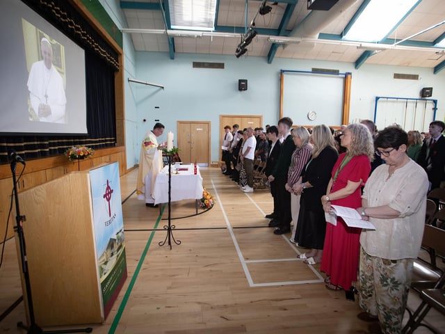 Celebrant Fr. Shaun Doherty begins the Year 12 Leavers Mass at St. Joseph's Boys School, Derry on Wednesday afternoon.. (Photos: Jim McCafferty Photography) : .