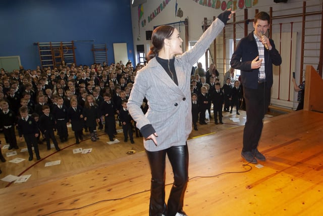 AUDIENCE PARTICIPATION. . . . .The Dance Duo get pupils at St. Patrick’s PS to join in on Tuesday.