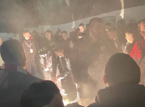 Derry City fans pictured at Richmond Park on the opening league match of the season.