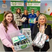 Photographed is Lisa Storey and Deirdre Cassidy from Altnagelvin Parents Group, Mayor Sandra Duffy and Emer Rabbett.  Accepting the donation is Michelle Bryson Lead Nurse Acute Paediatrics and Sharon O’Donnell Deputy Sister Ward 16.