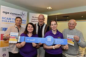 DEEDS staff and members Mick Canny, Wendy McLaughlin, Leonard Mills Kathleen McNaught and Gerard McGill at the launch of the ‘Scan the Band’ Dementia Safeguarding Scheme in the Guildhall. Photo: George Sweeney