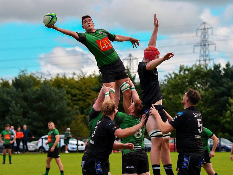 August 2023: City of Derry win a line out against Ballymena as the new season gets off to a great start also at Judges Road. Photo: George Sweeney
