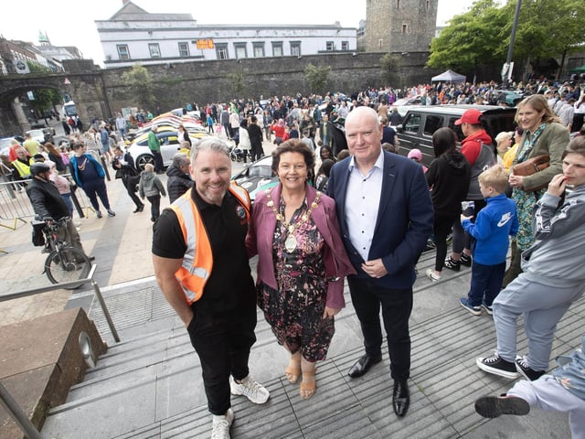 The Mayor, Patricia Logue and husband James pictured with Supercar organiser Gary McCaul in Guildhall Square on Saturday. (Photos: Jim McCafferty Photography)