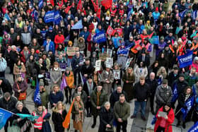 Teachers' unions members and supporters hold a strike rally in Guildhall Square on Tuesday morning. Photo: George Sweeney. DER2308GS 64