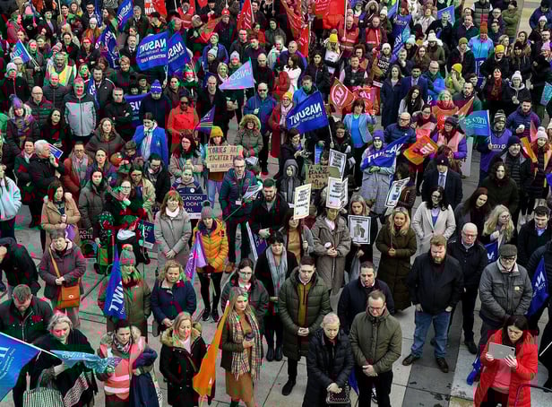 Teachers' unions members and supporters hold a strike rally in Guildhall Square on Tuesday morning. Photo: George Sweeney. DER2308GS 64