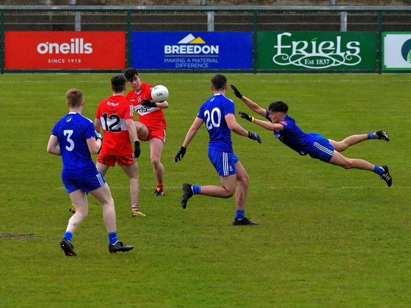 April 2023, Derry Minors' Leo O’Neill scores a first half point against Monaghan in Owenbeg en route to another superb year for the young Oak Leafers. Photo: George Sweeney.