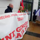 Palestine solidarity campaigners at the May Day rally in Derry on Saturday.