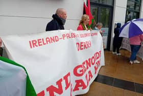 Palestine solidarity campaigners at the May Day rally in Derry on Saturday.