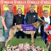 'Treanmanagh Bee' who won the fifth race at Brandywell with (from left) Gary Blaney, Paddy Doherty, trainer Stephen Radcliffe, Mairead Miller and Shane Mc Colgan.