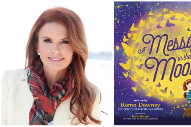 Roma Downey and the cover of her new book 'A Message in the Moon.'
