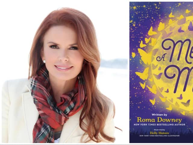 Roma Downey and the cover of her new book 'A Message in the Moon.'