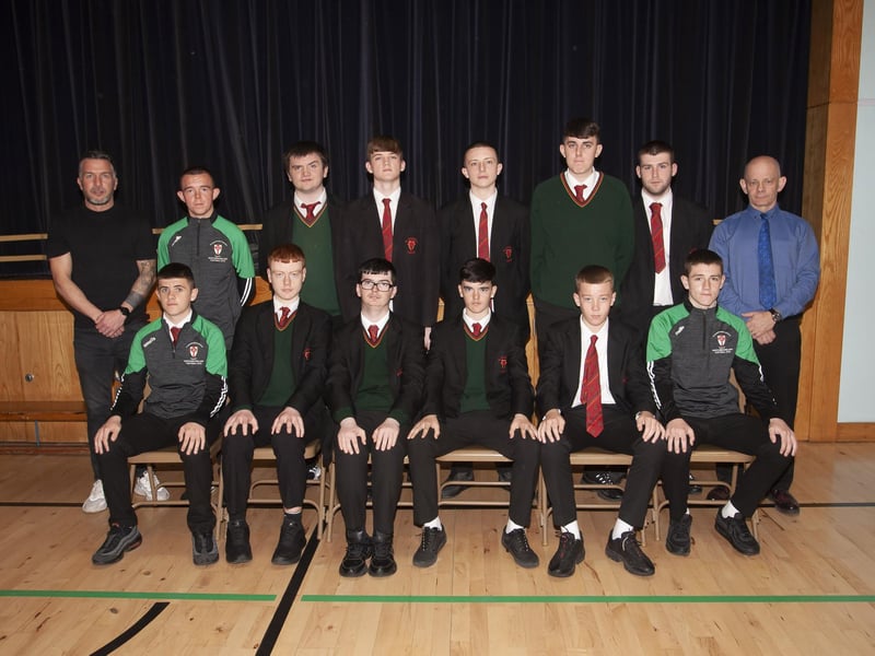 Year 12A pictured after their Leaver’s Mass on Friday last. Included are, on left, Mr. Sean Friars, Learning Support Assistant, and right, Mr. Declan Kirk, form teacher.