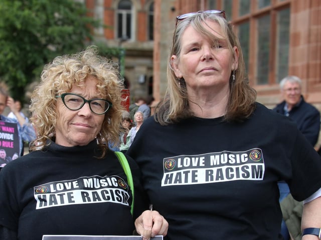 Nuala Crilly and Anita Villa at the Unite Against Hate rally - Guildhall Square on Saturday. (Photo - Deirdre Heaney, nwpresspics)