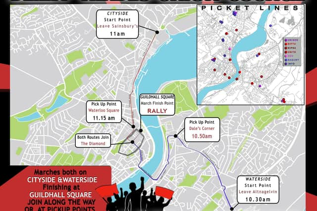 A Derry Trades Union Council map outlining the routes of the strike march and location of pickets across the city.