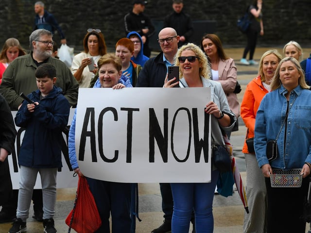 Some of the attendance, in Guildhall Square, at Caleb's Cause rally calling for legal protection for young people with Special Educational Needs who have disabilities in Northern Ireland beyond the age of 19. Photo: George Sweeney