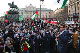 Attendees at a demonstration organised by 'Together for Palestine' in central Stockholm, Sweden, on February 17, 2024. (Photo by Fredrik PERSSON / TT NEWS AGENCY / AFP) / Sweden OUT (Photo by FREDRIK PERSSON/TT NEWS AGENCY/AFP via Getty Images)