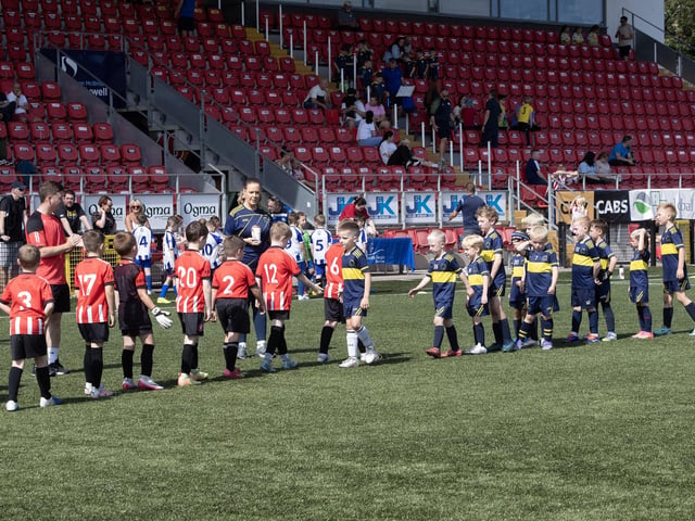 Showing good sportmanship at the end of one of the games in the Ryan McBride Cup at Brandywell on Thursday. (Photos: Jim McCafferty Photography)