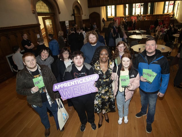Students from St. Columb's Park House pictured with the City and District's Mayor, Lilian Seenoi-Barr at Thursday's Apprenticeship Fair in the Guildhall, Derry.