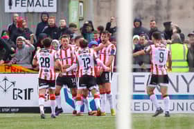 Will Patching celebrates putting Derry City ahead against Galway. Photographs by Kevin Moore.