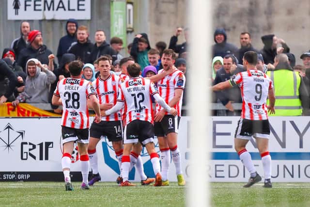Will Patching celebrates putting Derry City ahead against Galway. Photographs by Kevin Moore.