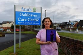 Berna Green, Activities Co-ordinator at Oakleaves Care Centre, Racecouse Road, recently won the Mighty Women NI Inspirational Woman of the Year award at the event held in the Titanic Centre, Belfast. Photo: George Sweeney