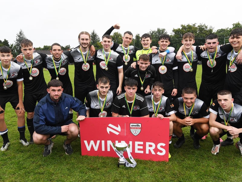 O'Neills staff member Charlie White pictured with the Maiden City team which lifted the O'Neill's Foyle Cup Under-19 trophy at Ardmore on Friday.