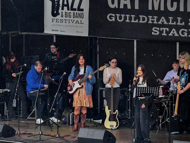 St Cecilia’s Jazz Band on stage in Guildhall Square. Photo: George Sweeney