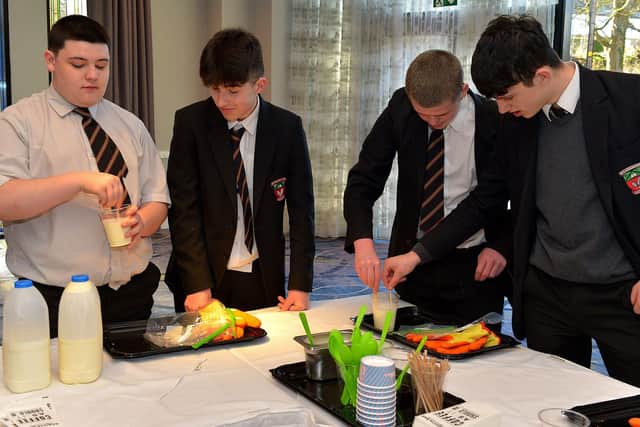 Students from Gaelchiláiste Dhoire, Dungiven, making ice-cream at the Springboard and TNI Hospitality and Tourism Roadshow held in the Everglades Hotel on Wednesday morning last. Photo: George Sweeney. DER2310GS – 017