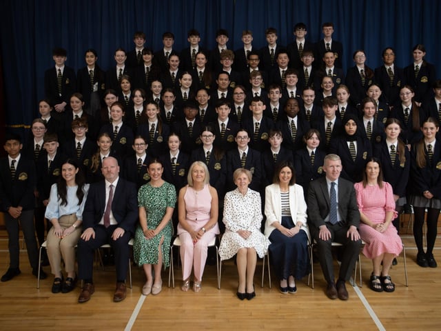 Lumen Christi College Year 10 students who achieved Gold Merit Awards with Mrs Ailish O’Kane (Head of Year 10), Dr Marie Ferris (Principal), Ms Maeve McMenamin (Senior Teacher), Dr Michael Gormley (Senior Teacher) and Year 10 Form Tutors.