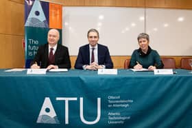 Prof. Paul Bartholomew, Vice Chancellor University of Ulster, Simon Harris, TD.,  Minister for Further and Higher Education, Research, Innovation and Science  and Dr. Orla Flynn, President ATU.    Photo Clive Wasson