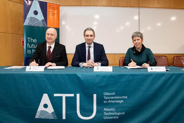 Prof. Paul Bartholomew, Vice Chancellor University of Ulster, Simon Harris, TD.,  Minister for Further and Higher Education, Research, Innovation and Science  and Dr. Orla Flynn, President ATU.    Photo Clive Wasson
