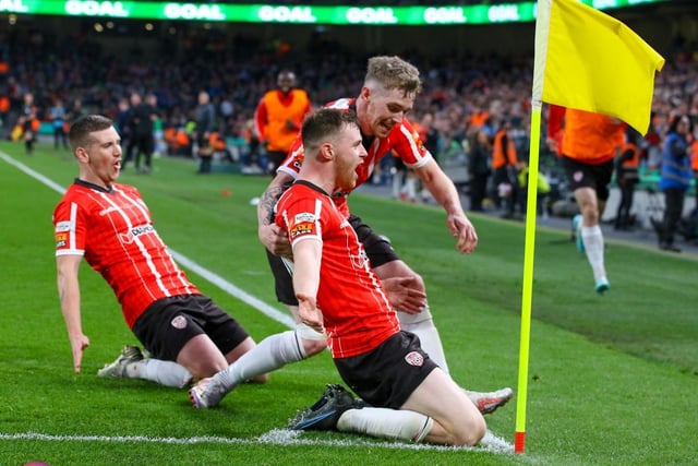 Patrick McEleney and Jamie McGonigle rush to congratulate goalscorer and 'Man of the Match' Cameron McJannet after one of his goals in the 4-0 victory over Shelbourne in Sunday's FAI Cup Final. (Photo: Photo: Kevin Moore/MCI)