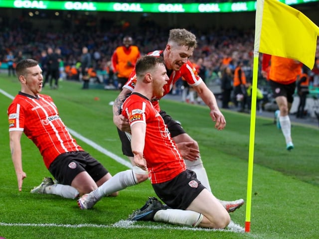 Patrick McEleney and Jamie McGonigle rush to congratulate goalscorer and 'Man of the Match' Cameron McJannet after one of his goals in the 4-0 victory over Shelbourne in Sunday's FAI Cup Final. (Photo: Photo: Kevin Moore/MCI)