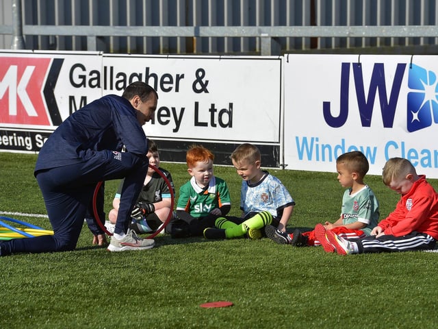 Some of the childen who participated in the Ryan McBride Foundation's Soccer Camp held in the Brandywell Stadium. Photo: George Sweeney