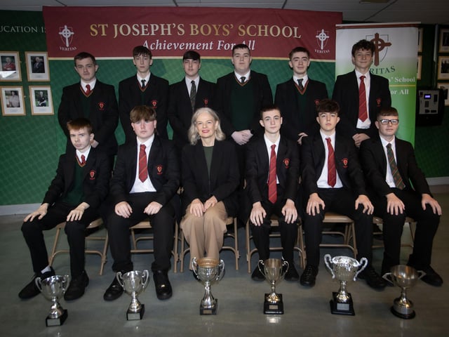 Mrs. Fiona Harrigan-Stewart, Vice Principal, St. Joseph's Boys School pictured with Top GCSE Performers at Thursday's Annual Prizegiving. (Photos: Jim McCafferty Photography) : .