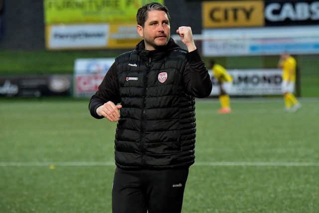 Derry City manager Ruaidhri Higgins salutes the fans at the end of the game against KuPs. Photo: George Sweeney. DER2330GS -