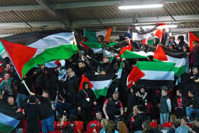 October 2023, fans display solidarity with people of Gaza and Palestine at Derry City's game against Shelbourne at the Brandywell. Photo: George Sweeney